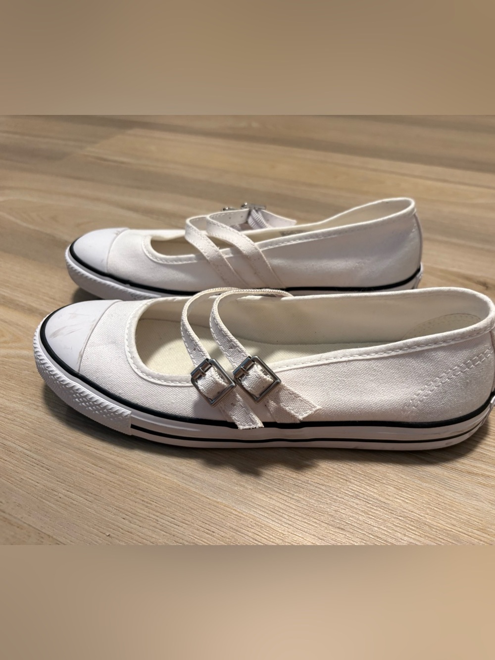 White Canvas Double-Strap Mary Jane Flats